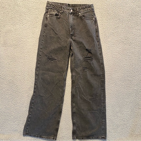 H&M Wide Leg Flare Mid Rise Distressed Jeans Cotton Gray Women's Size 6 (26x30) - Picture 1 of 13